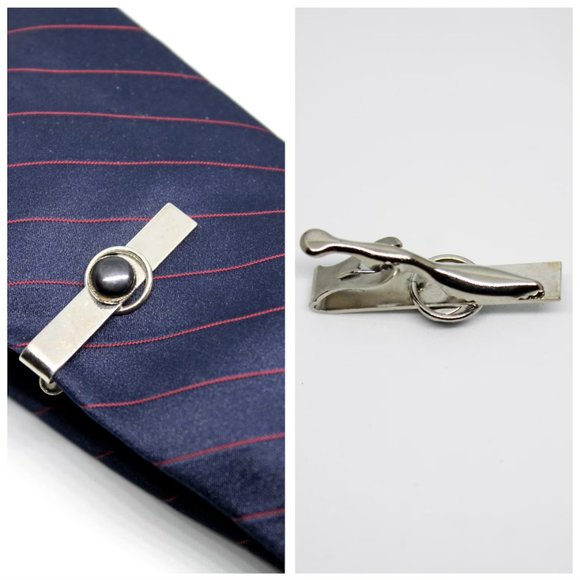 Vintage Silver & Black Circle Cabachon Rectangle Tie Clip VTG Father's Day Gift - Picture 2 of 9